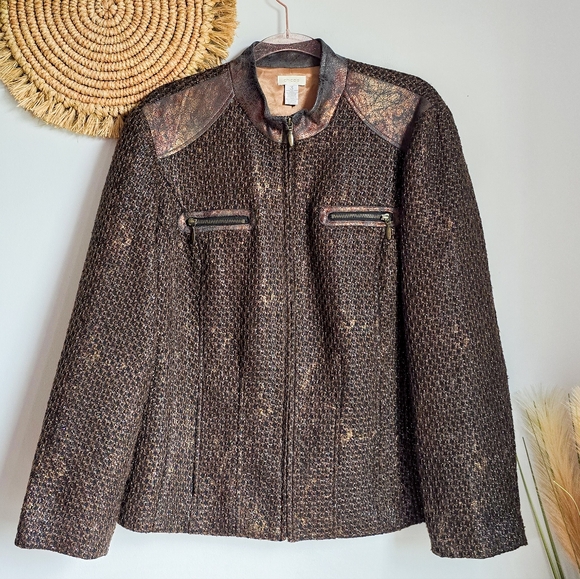 Chico's, Brown Tweed Gold Metallic Faux Leather Full Zip Coat Jacket Size XL - Picture 1 of 8